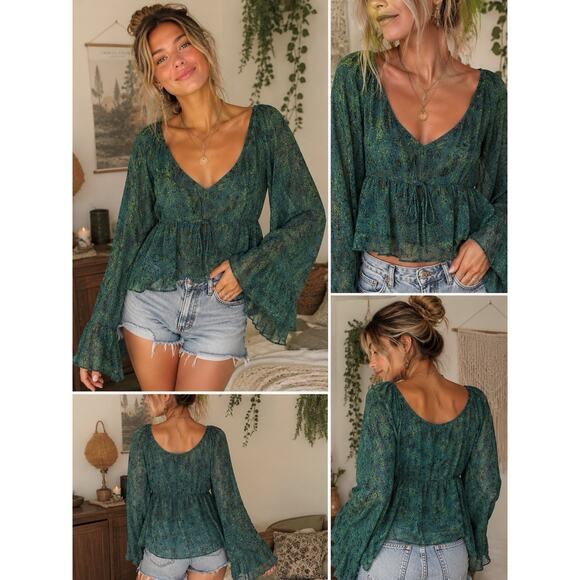 Free People Tops - Free People Teal Green Printed Peasant Blouse